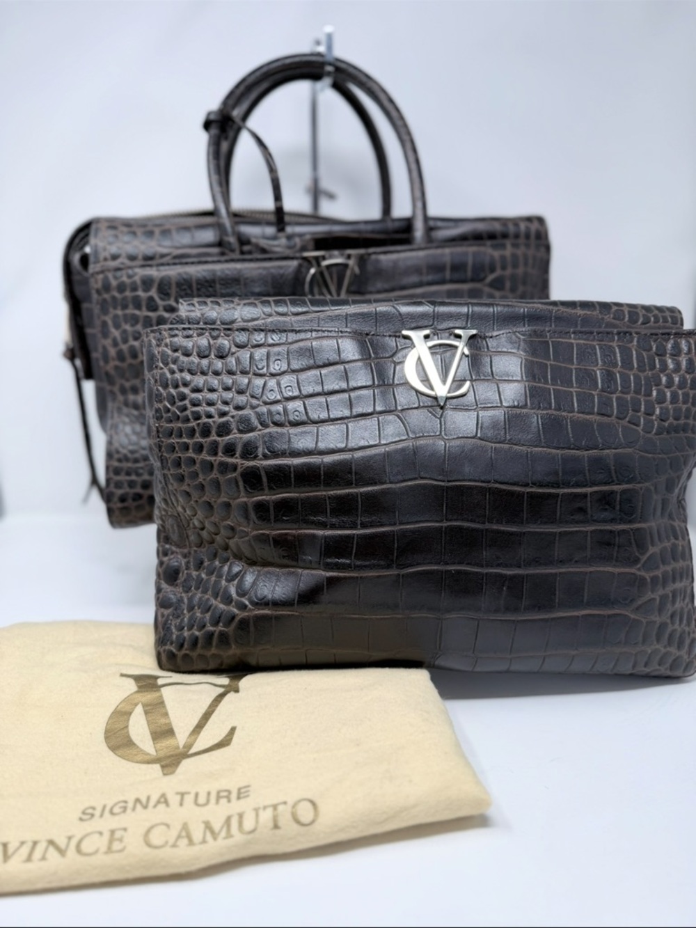Vince Camuto Dark Brown Croc-Embossed Leather Tote with Matching Pouch - Picture 7 of 10